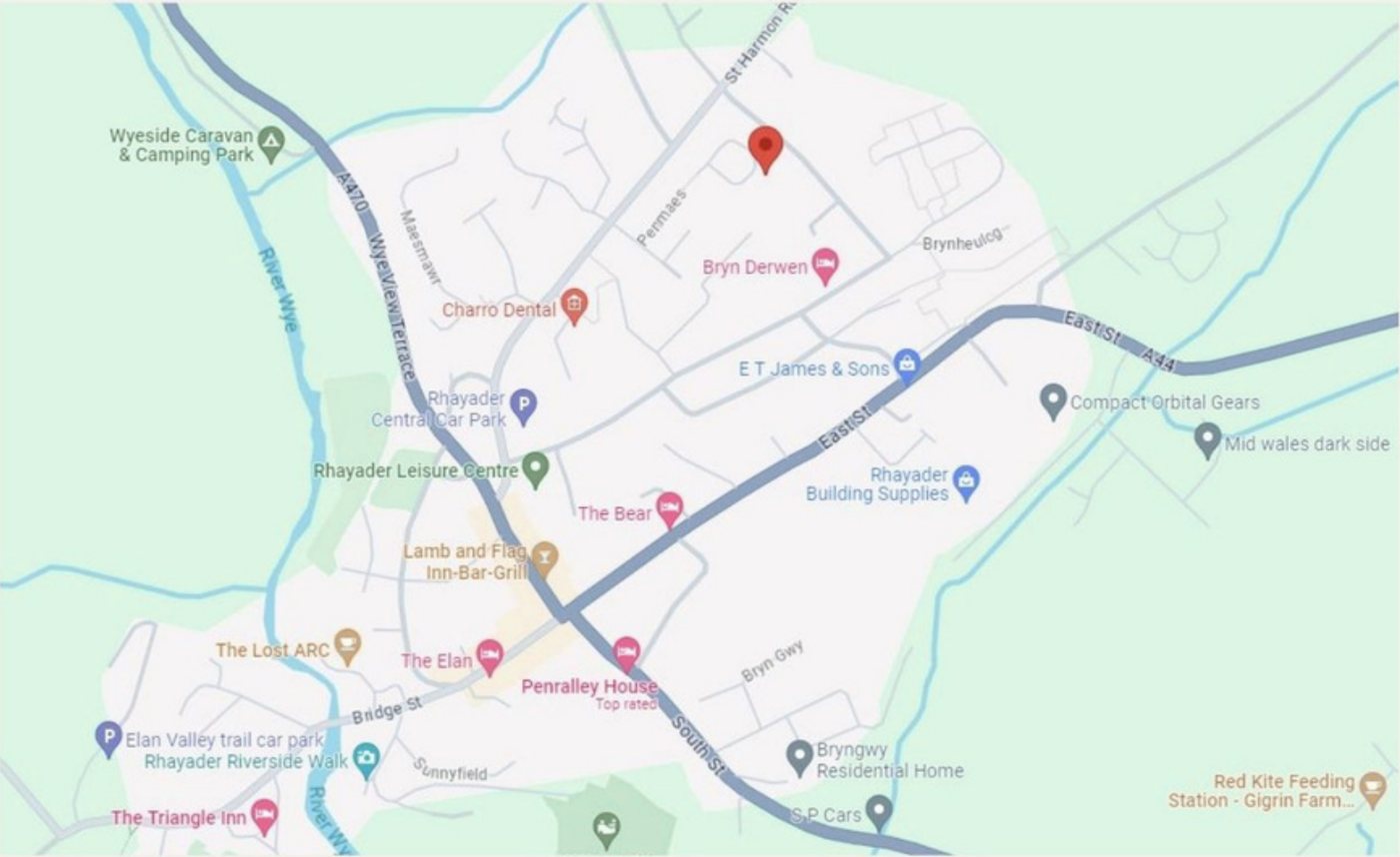 Map of Rhayader showing Penmaes